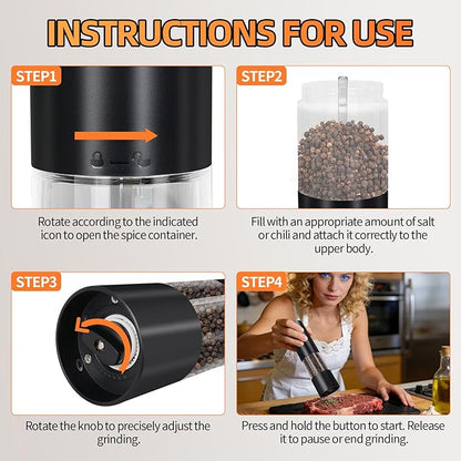 Electric Salt & Pepper Grinder Set of 2,Adjustable Coarseness with USB C Charging Rechargeable for Women &Men (Black Set)