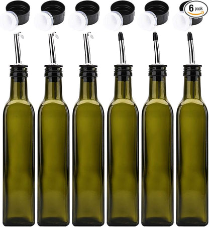 Kingrol 6 Pack 8 oz Glass Olive Oil Dispenser Bottles, Oil and Vinegar Cruets with Stainless Steel Pourer Spouts, Non-Drip Oil Bottles for Kitchen