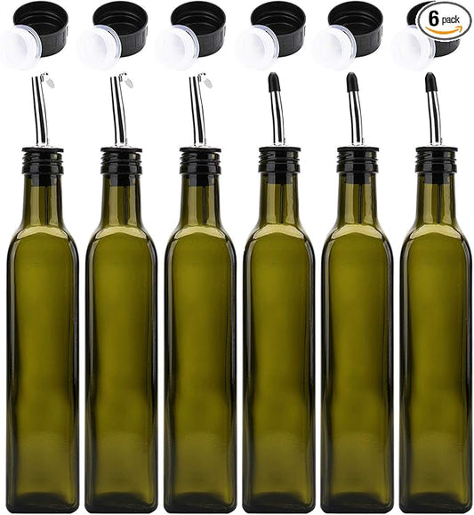 Kingrol 6 Pack 8 oz Glass Olive Oil Dispenser Bottles, Oil and Vinegar Cruets with Stainless Steel Pourer Spouts, Non-Drip Oil Bottles for Kitchen