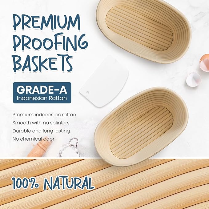 Rorecay Banneton Bread Proofing Baskets Set of 2, 10 Inch Oval Cane Sourdough Bread Rising Basket Bowls with Sourdough Bread Lame Dough Scraper Basting Brush for Sour Dough Proofing Fermentation - Image 3