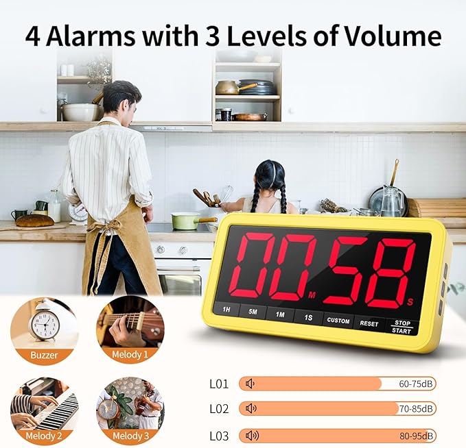 VOCOO Digital Kitchen Timer with 7.8” Extra Large Display, Magnetic, 3 Brightness, 4 Alarms and 3 Volume Levels, Battery Countdown Count Up Timer for Cooking, Classroom, Home Gym (Yellow) - Image 4