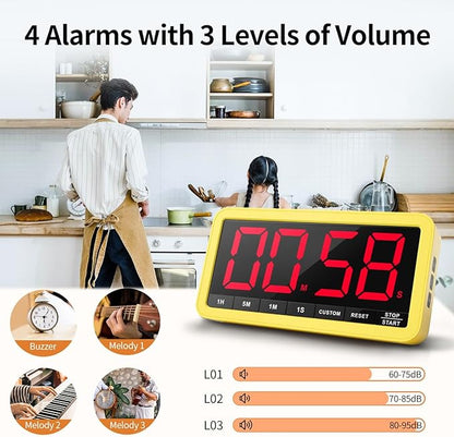 VOCOO Digital Kitchen Timer with 7.8” Extra Large Display, Magnetic, 3 Brightness, 4 Alarms and 3 Volume Levels, Battery Countdown Count Up Timer for Cooking, Classroom, Home Gym (Yellow) - Image 4