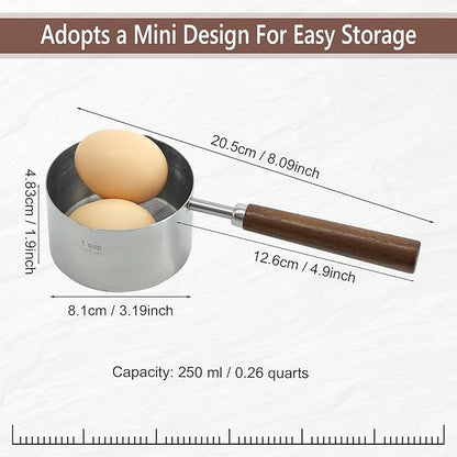 Mini Sauce Pan 250ml, Stainless Steel Butter Warmer with Wooden Handle and Dual Pour Spouts, Small Milk Pan for Melting Butter, Heating Milk, Coffee, Sauce, Chocolate