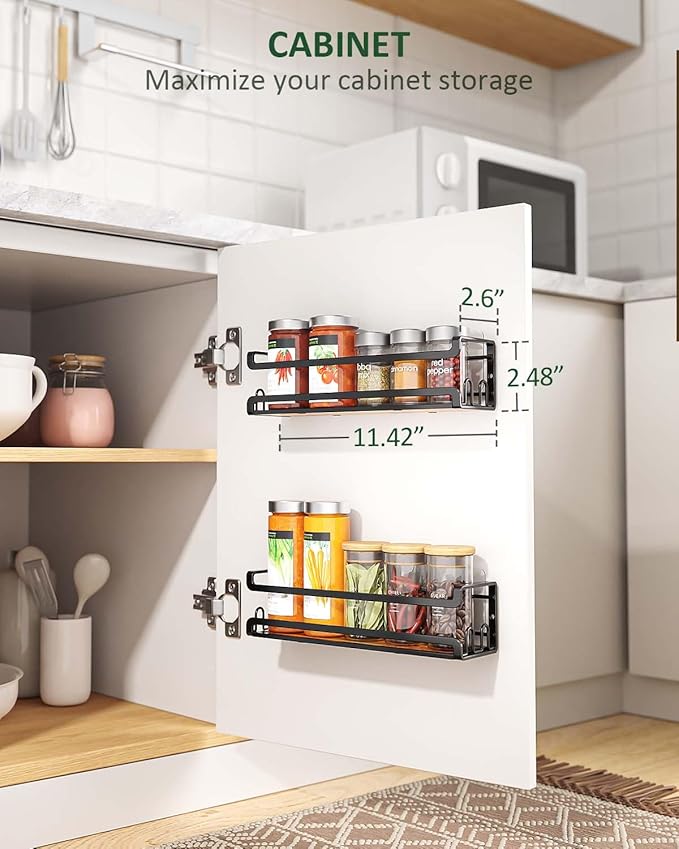 Doakhirmit Wall Mounted Spice Rack with 16 Hooks, Rustic Wood Spice Organizer Shelf for Stove Cabinet Pantry Door,Screw or Adhesive Hanging Spice Shelf,Wall Spice Rack in Kitchen and RV,2 Pack - Image 2