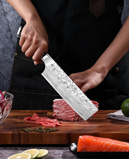 MOSFiATA 7” Nakiri Chef's Knife with Finger Guard, German High Carbon Stainless Steel EN1.4116 Vegetable Knife, Multipurpose Kitchen Knife with Micarta Handle in Gift Box - Image 7