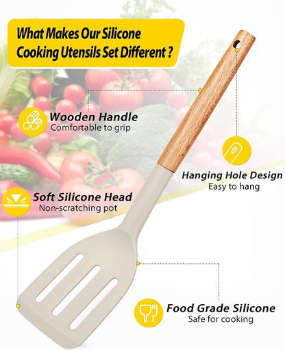 Pack of 4 Silicone Cooking Utensils Set, Non Stick Solid Spatulas and Heat Resistant Slotted Spoons with Wooden Handle, Ideal Wood Kitchen Utensils Set for Frying,Serving,Turning,Stirring (KHAKI) - Image 2