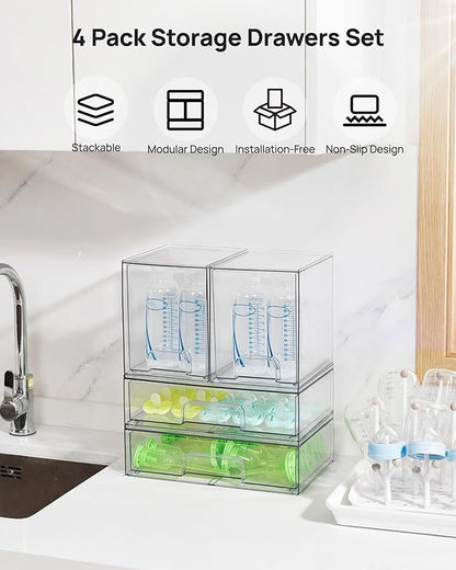 Vtopmart Clear Stackable Storage Drawers Set of 4, Plastic Organizer Bins for Makeup, Cosmetics, Beauty Supplies,Ideal for Vanity, Bathroom,Cabinet,Pantry Organization - Image 3