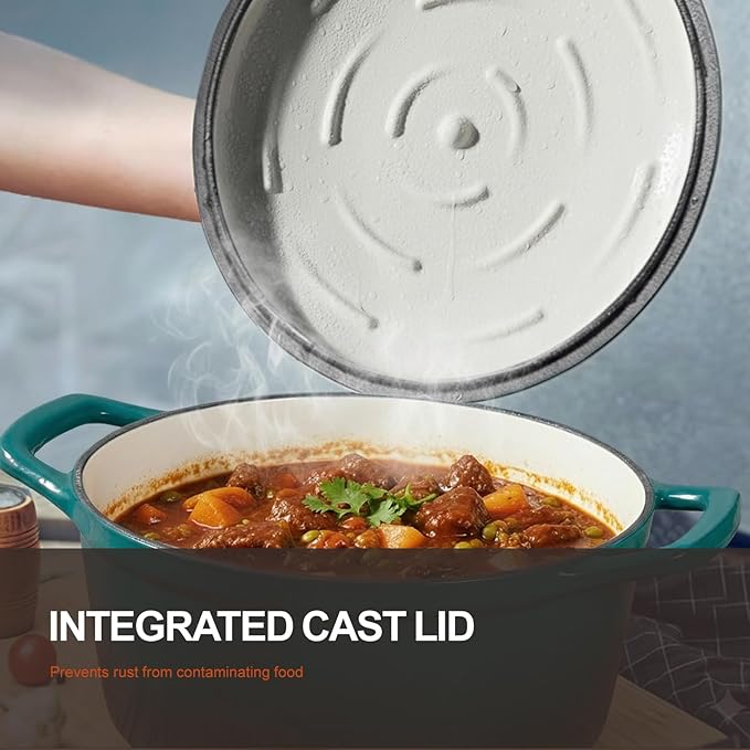 Overmont Enameled Cast Iron Dutch Oven - 5.5QT Pot with Lid Cookbook & Cotton Potholders - Heavy-Duty Cookware for Braising, Stews, Roasting, Sourdough Baking Bottle green - Image 2