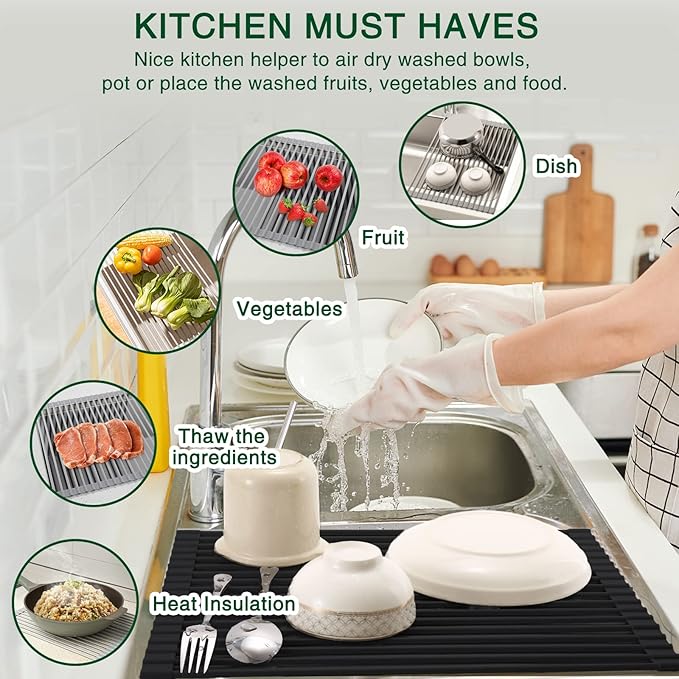 HANZENMA Roll Up Dish Drying Rack Over The Sink Kitchen Roll Up Sink Drying Rack Multipurpose Foldable Sink Drying Mat, Heat-Resistant, Anti-Slip & Anti-Rust Dish Rack for Kitchen, 17" x 13", Black - Image 3