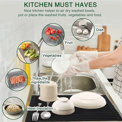 HANZENMA Roll Up Dish Drying Rack Over The Sink Kitchen Roll Up Sink Drying Rack Multipurpose Foldable Sink Drying Mat, Heat-Resistant, Anti-Slip & Anti-Rust Dish Rack for Kitchen, 17" x 13", Black - Image 3