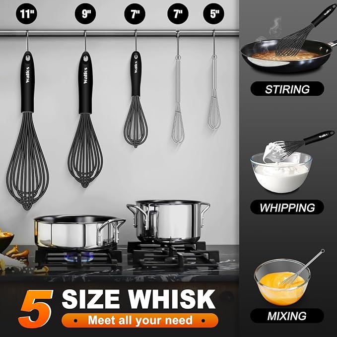 Silicone Whisks set with 7+5in mini stainless steel whisk, Non Scratch Coated 7+9+11in Whisks for Nonstick Cookware,Premium for Blending, Whisking, Beating, Frothing & Stirring - Image 4