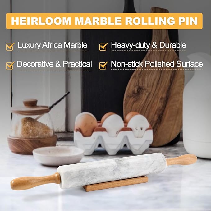 Koville African Natural Marble Rolling Pin, Non-Stick Polished Dough Roller, Pasta, Dumpling, Fondant, Pie Crust, Bread, Pizza Dough, Kitchen Baking Pastry Tools with Mat/Scraper(Grigio Fantasy) - Image 3