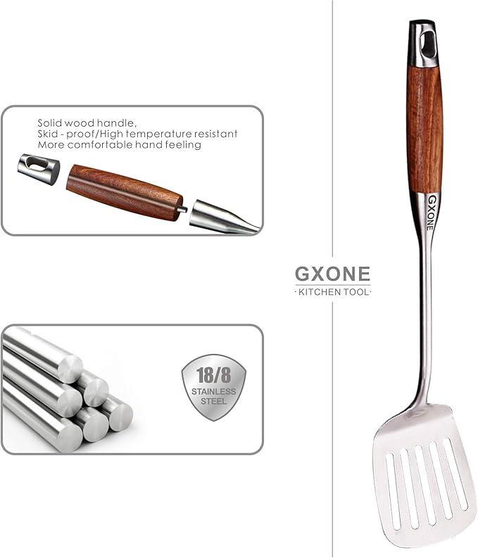 Metal Spatula,304 Stainless Steel Wok Spatula with Heat Resistant Wooden Handle,Silver/15.7Inch - Image 3