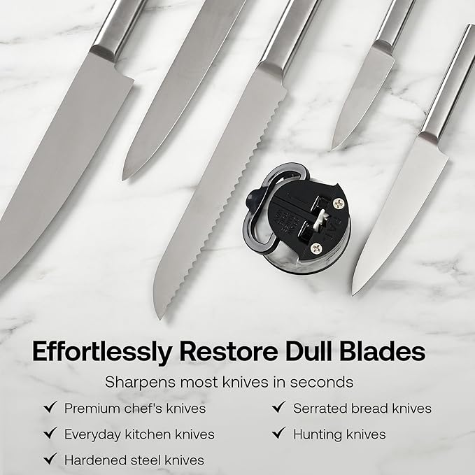 AnySharp – Editions – Hands Free Knife Sharpener - Easy to Use Sharpening Tool w/PowerGrip Suction Base and 20-Degree Pre-Set Angle - for All Knives: Chef's, Serrated, Hardened Steel - White Marble - Image 6