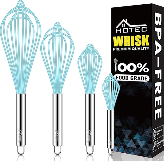 HOTEC 4 Pieces Silicone Whisks Set, Wire Balloon Whisks Egg Beater, Non-slip Handle Whisk for Non-stick Cookware Perfect for Cooking, Stirring, Beating and Blending (Blue) by Hotec