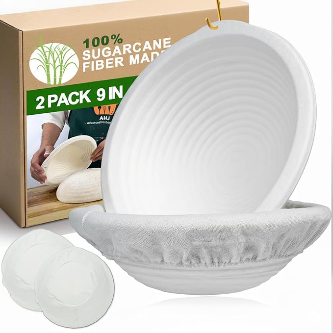 9 Inch Pulp Sourdough Banneton Bread Proofing Basket with 2 Liners, Round Pulp Banneton Bread Proofing Supplies, Reusable Sugarcane Fiber Cold Fermentation Basket Bowl for Homemade Baker Starter by AHJ