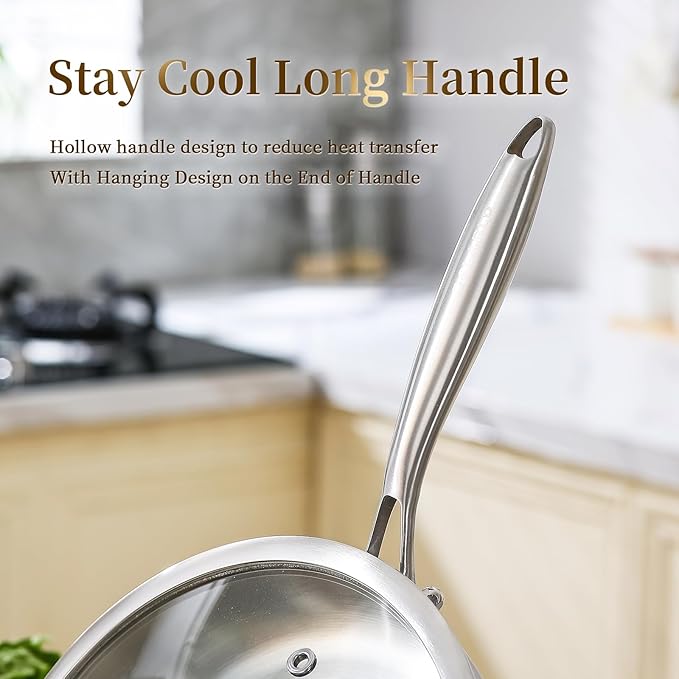 DELARLO Tri-Ply Stainless Steel Pan, 18/10 Frying Pan, Oven Safe Up to 600°F, Nontoxic Cookware, Compatible with All Cooktops Skillet, Durable, Fast Even Heat Fry Pan,Steel 10" and 12" with Lid - Image 3