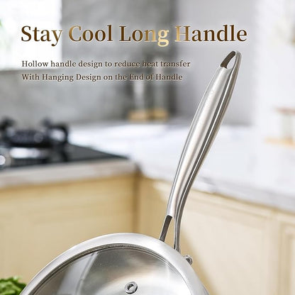 DELARLO Tri-Ply Stainless Steel Pan, 18/10 Frying Pan, Oven Safe Up to 600°F, Nontoxic Cookware, Compatible with All Cooktops Skillet, Durable, Fast Even Heat Fry Pan,Steel 10" and 12" with Lid - Image 3