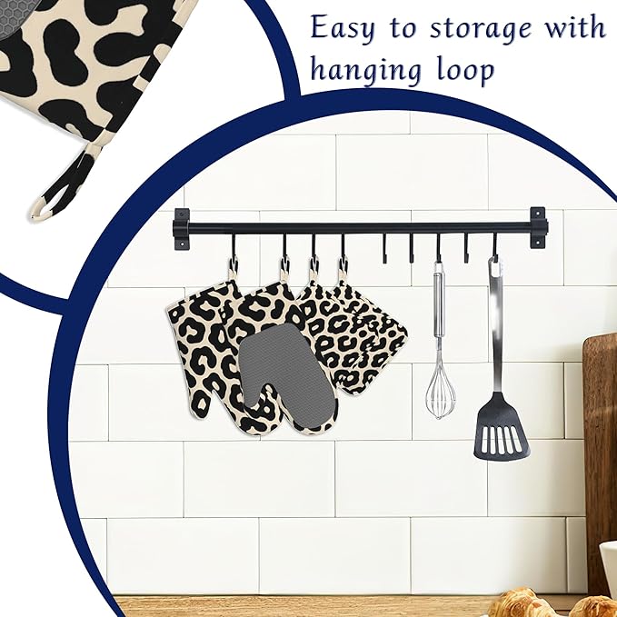 Black Leopard Print Pot Holders and Oven Mitts Set Silicone Cheetah Prints Kitchen Gloves Potholders Heat Resistant Washable,Chef Cooking Baking Gifts for Women Men Bakers Lover Cooks