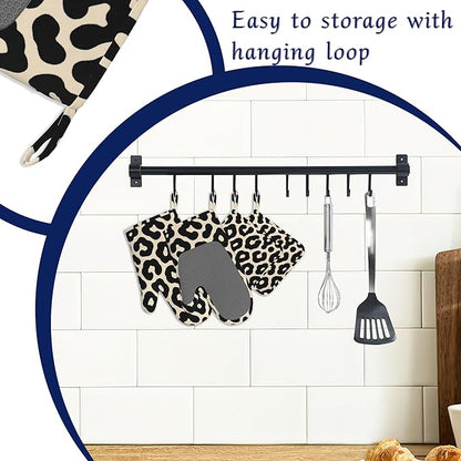 Black Leopard Print Pot Holders and Oven Mitts Set Silicone Cheetah Prints Kitchen Gloves Potholders Heat Resistant Washable,Chef Cooking Baking Gifts for Women Men Bakers Lover Cooks