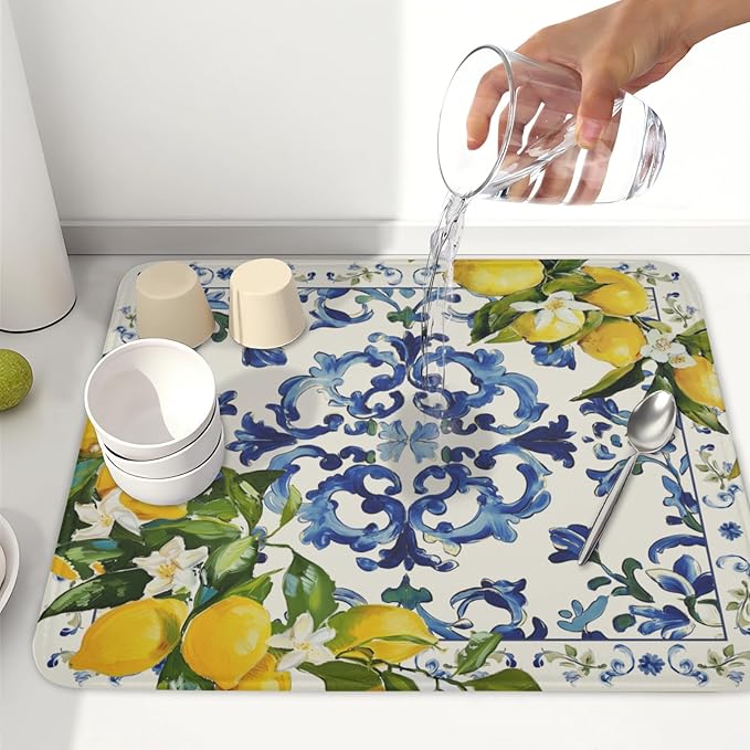 Lemon Dish Drying Mat 18x16 Inch, Blue Tiles Drying Mat with Absorbent Reversible Microfiber, Italian Olive Tree Dish Drainer Mats Summer Rack Pad for Coffee Countertop Kitchen Protector