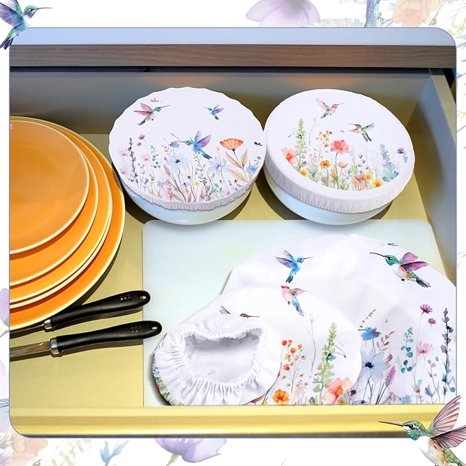 Patelai 10 Pcs Bowl Covers Reusable in 5 Size Stretch Cloth Fabric Elastic Food Storage Bowl Covers Bread Sourdough Lids for Proofing Food Fruits Leftover(Multicolor,Hummingbird Style) - Image 4