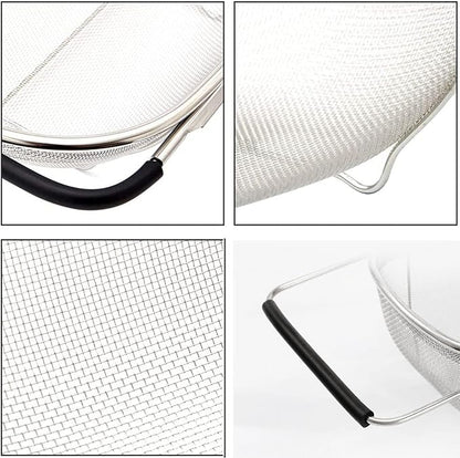AJIODA Over The Sink Colander, 4 Quarts Stainless Steel Oval Colander with Expandable Rubber Grip Handle, Fine Mesh Strainer Baskets Kitchen Colanders for Strain, Drain, Rinse Vegetable, Fruits, Black