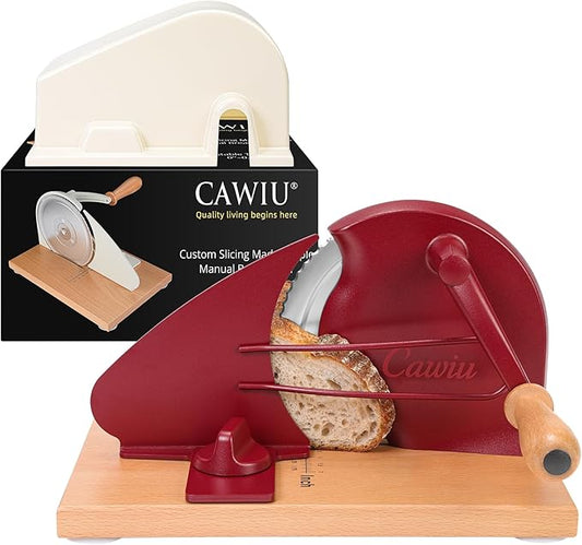 CAWIU Upgraded Manual Bread Slicer for Homemade Sourdough Bread - Adjustable Thickness Bread Cutter with Hand Crank, Suction Cups, Slicing Guide, Scale Line & Cover, for Perfect Even Slices (Red)