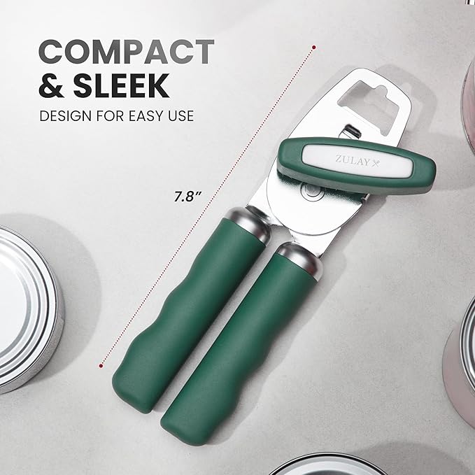 Zulay Kitchen Heavy Duty Stainless Steel Can Opener Manual with Bottle Opener - Rust Proof Manual Can Opener With Turn Knob & Comfy Soft Grip Handles - Pine Green - Image 2