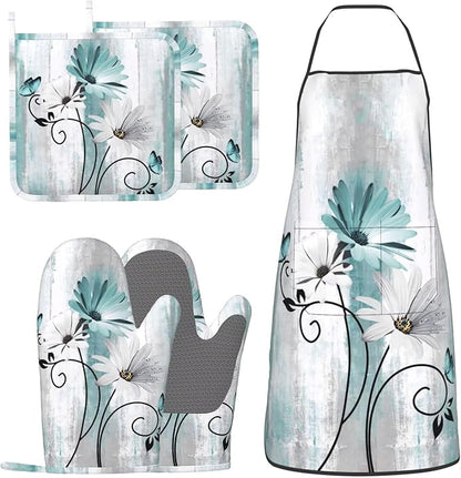 Teal Daisy Oven Mitts Pot Holders Cooking Apron Set of 5 Silicone Farm Teal Daisy Floral Flowers and Butterfly Kitchen Glove Apron Non-Slip Heat Resistant for Chef Baking Cooking Grilling