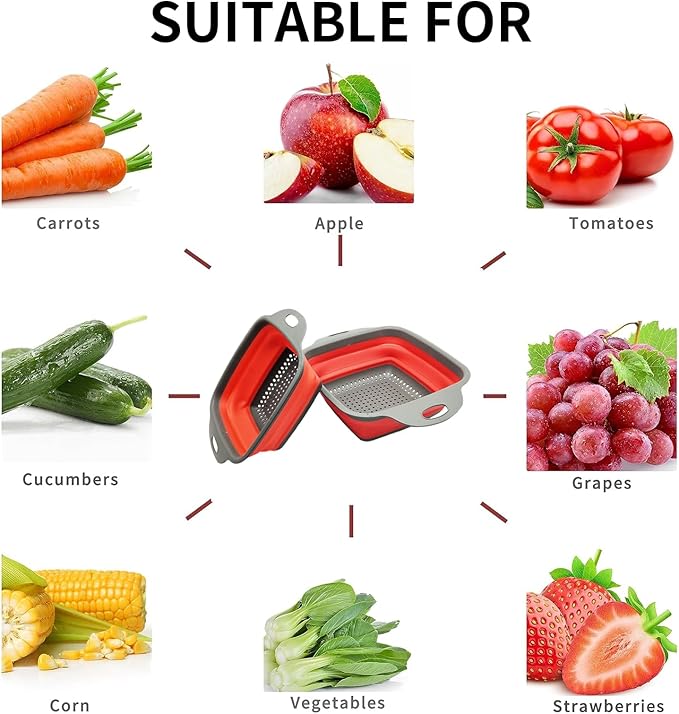2 PCS Collapsible Colander, Collapsible Strainers for Kitchen, 11.5 inch Silicone Strainer and 9.5 inch Silicone Colander for Draining Vegetable fruit, Kitchen Food Strainer, Blue (Red) - Image 4
