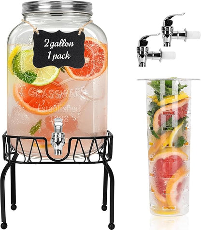 DHSBTLS 2 Gallon Glass Drink Dispensers, 1 Pack Clear Beverage Dispenser for Party, BBQ and Picnic, Juice Dispenser with Ice Core, Black Stand, Spigot, Markers and Chalkboard