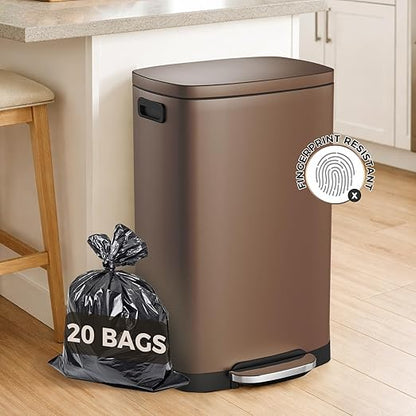 ELPHECO LPHECO Kitchen Trash Can with Lid Soft Close, 13 Gallon / 50L Stainless Steel Pedal Garbage Can, Heavy-Duty Step Wastebasket with 20 Bags, Removable Bucket, Home Office, Kitchen, Brown - Image 9