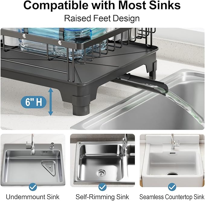 GSlife 2 Tier Dish Drying Rack with Drainboard, Expandable Large Dish Drainer for Kitchen Counter, Rust Resistant Dish Drainer with Cup Holder & Utensil Holder, 12.6" W x 18.7"-25.2" L, Black - Image 4