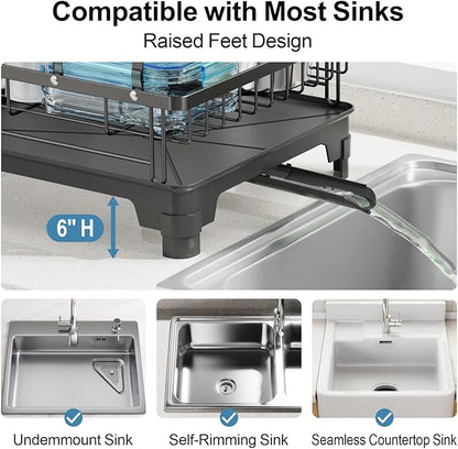 GSlife 2 Tier Dish Drying Rack with Drainboard, Expandable Large Dish Drainer for Kitchen Counter, Rust Resistant Dish Drainer with Cup Holder & Utensil Holder, 12.6" W x 18.7"-25.2" L, Black - Image 4
