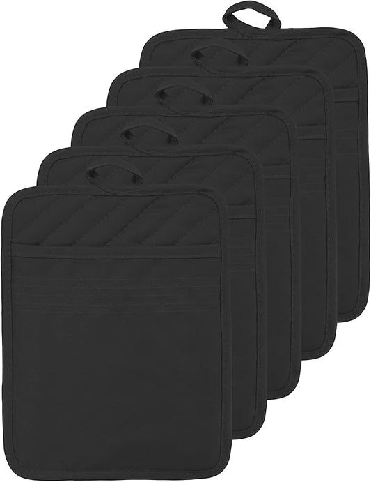 Oven Pot Holder with Pocket Cotton Heat Resistant Coaster Potholder Kitchen Hot Pad Oven Mitts for Cooking Square 7"x9"Set of 5 (Black) by VEIKERY