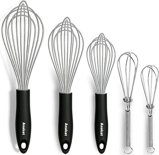 Anaeat Stainless Steel Kitchen Whisk Set of 5, Milk and Egg Beater Blender with Thick Wire for Whisking, Cooking, Baking, Beating and Stirring - 5"+7" Mini Whisk and 9''+11''+12'' Balloon Whisks by Anaeat