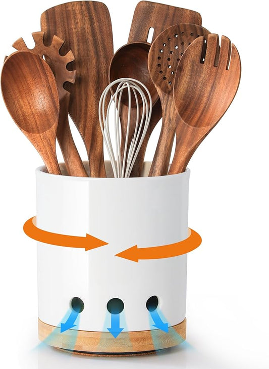 LoeJan 7.3“ 360° Rotating Ceramic Utensil Holder for Kitchen Countertop – Cooking Utensil Crock Organizer with Non-Slip Cork Base for Farmhouse Kitchen Decor, White by LoeJan