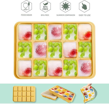 Tvmania Ice Cube Trays Set of 2, Easy Release 15 Flexible Silicone Ice Cube Molds with Removable Lid Reusable Freezer Ice Trays Stackable for Whiskey, Baby Food, BPA Free (yellow) - Image 4
