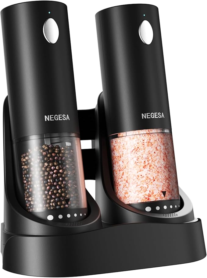 Electric Salt and Pepper Grinder Set with Rechargeable Base - Automatic Refillable Electric Salt and Pepper Shakers with Large Capacity, LED Light & Adjustable Coarseness, Black by Unknown