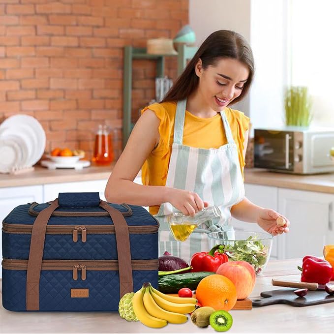 Quilted Insulated Double Casserole Carrier - Thermal Lunch Tote for Potluck Parties, Picnic, Beach, Fits 9 x 17 Inches Baking Dish, Casserole Dish, Expandable (Blue)