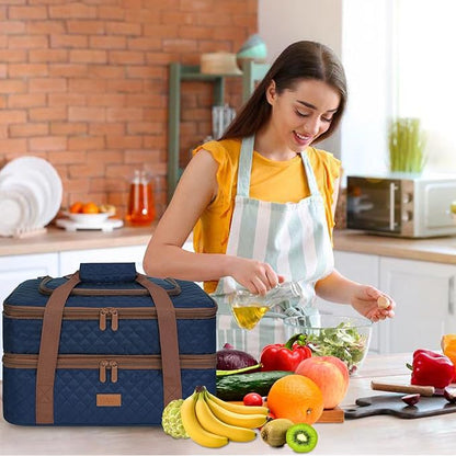 Quilted Insulated Double Casserole Carrier - Thermal Lunch Tote for Potluck Parties, Picnic, Beach, Fits 9 x 17 Inches Baking Dish, Casserole Dish, Expandable (Blue)