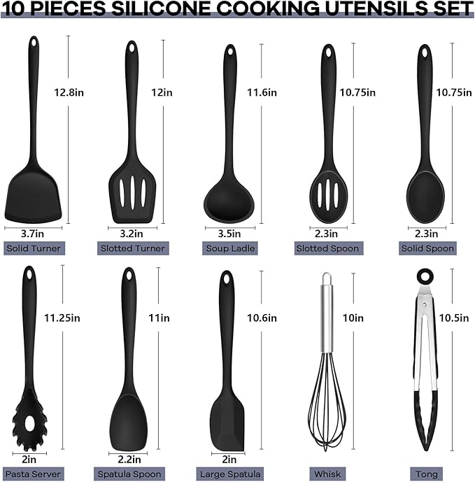 TeamFar Silicone Cooking Utensils, 10 pcs Kitchen Cooking Utensils Set, 446°F Heat Resistant Kitchen Gadgets Tools Set w/Spatula, Turners, Spoons, Soup Ladle, Pasta Server for Nonstick Cookware, Black - Image 2