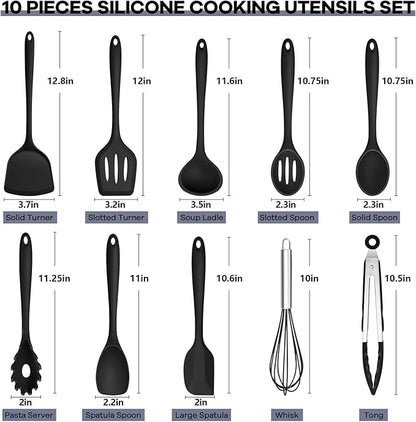 TeamFar Silicone Cooking Utensils, 10 pcs Kitchen Cooking Utensils Set, 446°F Heat Resistant Kitchen Gadgets Tools Set w/Spatula, Turners, Spoons, Soup Ladle, Pasta Server for Nonstick Cookware, Black - Image 2