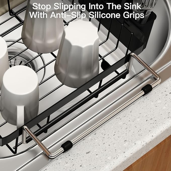 MAJALiS Expandable Stainless Steel Over The Sink Dish Drying Rack for Small Kitchen Counter Space Saving, Compact RV Plate Drainer Strainer in Black Wire Metal with Hanging Adjustable Utensil Holder - Image 6