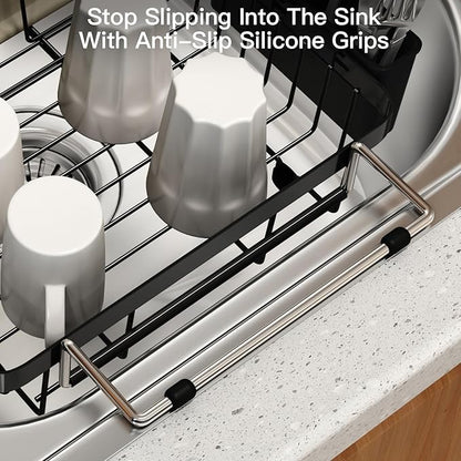 MAJALiS Expandable Stainless Steel Over The Sink Dish Drying Rack for Small Kitchen Counter Space Saving, Compact RV Plate Drainer Strainer in Black Wire Metal with Hanging Adjustable Utensil Holder - Image 6