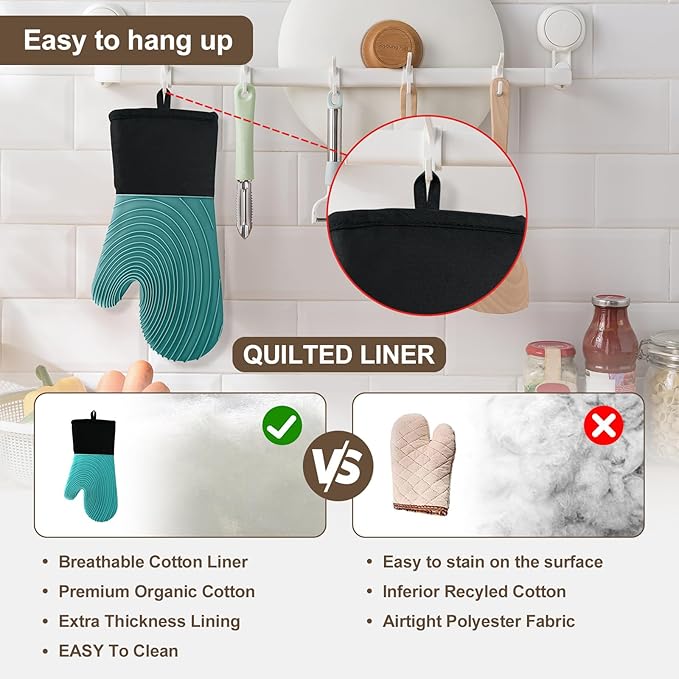 Silicone Oven Mitts-13.6 in Extended Oven Mitts Heat Resistant 500F, Oven Gloves with Soft Liner Good Grippy BPA-Free Easy to Clean Flexible-Oven Mits Set for Cooking Baking Grilling BBQ - Image 6
