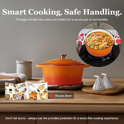 Overmont Enameled Cast Iron Dutch Oven - 7QT Pot with Lid Cookbook & Cotton Potholders - Heavy-Duty Cookware for Braising, Stews, Roasting, Sourdough Baking orange - Image 7