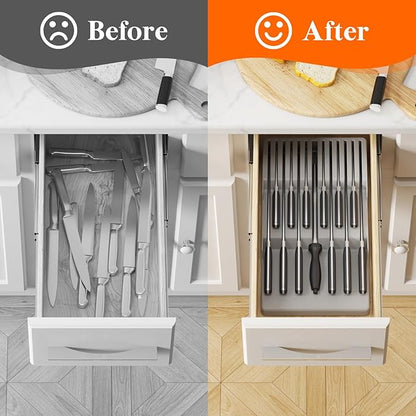 Lifewit Magnetic Drawer Knife Organizers Insert, Kitchen Plastic In Drawer Knife Block Slots, Steak Chefs Knives Holder Storage Sets for 12 Knives and 1 Sharpening Steel, Large, Gray