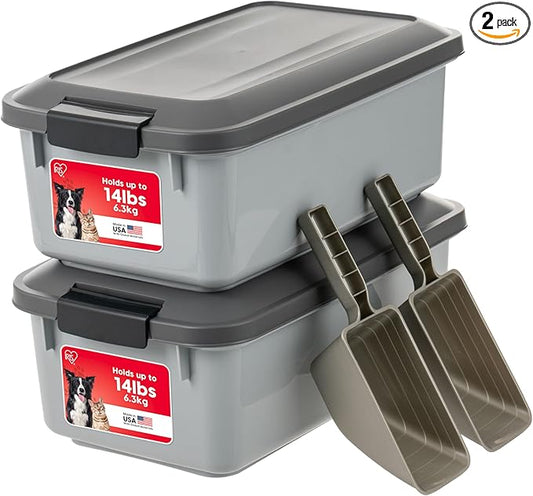 IRIS USA WeatherPro Airtight Pet Food Storage Container, Up to 14 lbs, Dog Cat Bird and Other Pet Food Storage Bin Keep Pests Out Translucent Body BPA Free Stackable, 2 Pack, Gray by IRISUSA